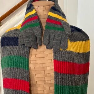 HBC STRIPES 50% WOOL/50% ACRYLIC scarf and gloves. Grey stripe & classic colours